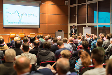 Image showing Business speaker giving a talk in conference hall.