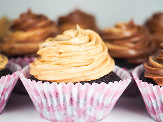 Image showing Chocolate cupcake with mixed frosting cream, in pink paper cups