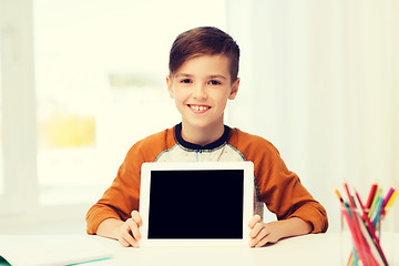 Image showing smiling boy showing tablet pc blank screen at home