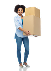 Image showing happy african young woman with parcel boxes