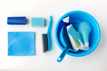 Image showing basin with cleaning stuff on white background