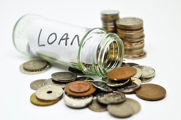 Image showing Loan lable in a glass jar with coins spilling out