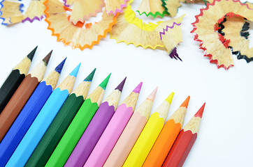 Image showing Sharpened color pencil and wood shavings 