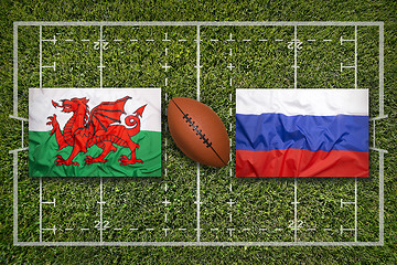 Image showing Wales vs. Russia flags on rugby field