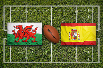 Image showing Wales vs. Spain flags on rugby field