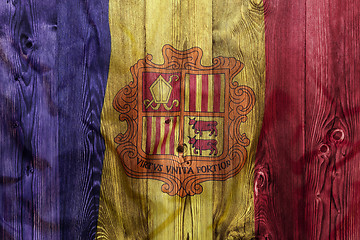 Image showing National flag of Andorra, wooden background