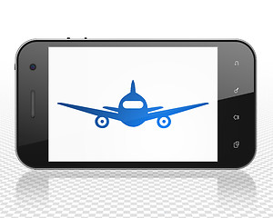 Image showing Travel concept: Smartphone with Aircraft on display