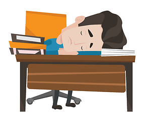 Image showing Male student sleeping at the desk with book.