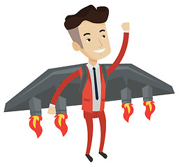 Image showing Happy businessman flying on the rocket to success.