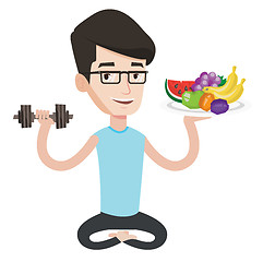 Image showing Healthy man with fruits and dumbbell.