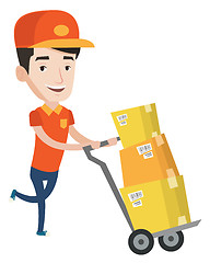 Image showing Delivery postman with cardboard boxes on trolley.