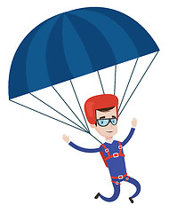 Image showing Young happy man flying with parachute.