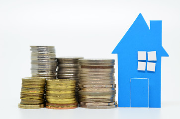 Image showing House model and stacks of coins