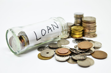 Image showing Loan lable in a glass jar with coins spilling out