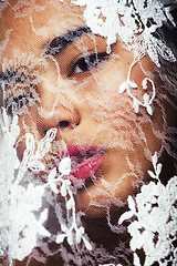 Image showing portrait of beauty young afro woman through white lace, like new