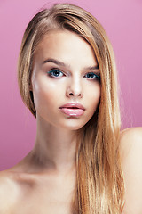 Image showing young pretty blonde woman with hairstyle close up and makeup on 