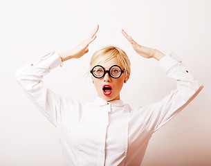 Image showing bookworm, cute young blond woman in glasses, blond hair, teenage