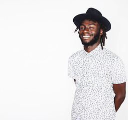 Image showing young handsome afro american boy in stylish hipster hat gesturin