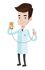 Image showing Doctor showing app for measuring heart pulse.