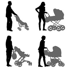 Image showing Set black silhouettes Family with pram on white background. illustration