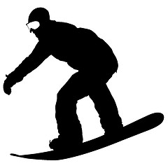 Image showing Black silhouettes snowboarders on white background. illustration