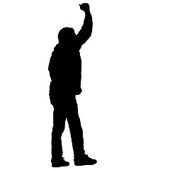 Image showing Black silhouettes man lifted his hands on white background. illustration