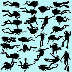 Image showing Set black silhouette scuba divers. illustration