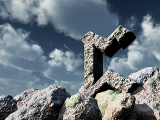 Image showing rune rock under cloudy blue sky - 3d illustration