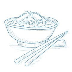 Image showing Bowl of boiled rice with chopsticks.