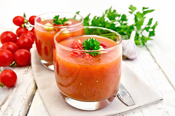 Image showing Soup tomato in two glasses on board