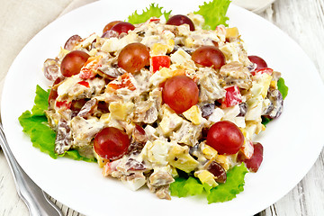 Image showing Salad of meat and cheese with grapes