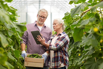 Image showing senior couple with cucumbers and tablet pc on farm