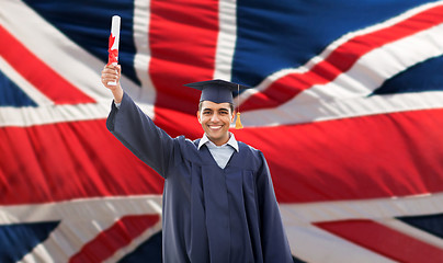 Image showing happy male student with diploma over british flag 