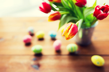 Image showing close up of easter eggs and flowers in bucket