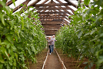 Image showing happy senior couple working at farm greenhouse