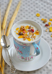 Image showing Cup of yogurt with cereals