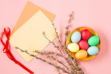 Image showing The top view of easter on pink table office workplace