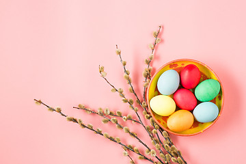 Image showing The top view of easter on pink table office workplace