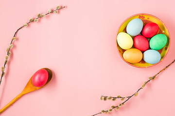 Image showing The top view of easter on pink table office workplace