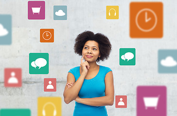 Image showing happy afro american young woman with menu icons