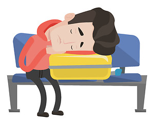 Image showing Exhausted man sleeping on suitcase at airport.
