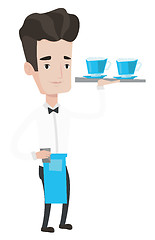 Image showing Waiter holding tray with cups of coffeee or tea.