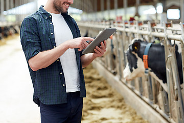 Image showing young man with tablet pc and cows on dairy farm