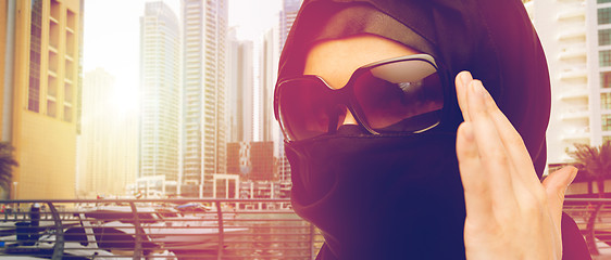 Image showing close up of muslim woman in hijab and sunglasses