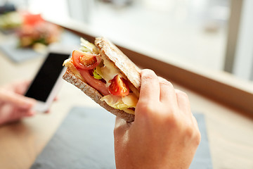 Image showing hand with salmon panini sandwich at restaurant