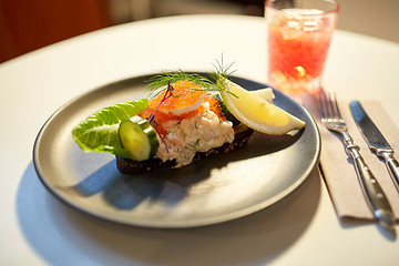 Image showing close up of toast skagen with caviar and bread