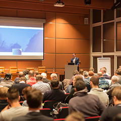 Image showing Business speaker giving a talk in conference hall.