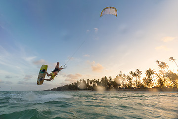 Image showing Kiteboarding. Fun in ocean. Extreme Sport Kitesurfing.