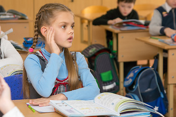 Image showing Girl schoolgirl at a lesson at school answers the question after raising his hand