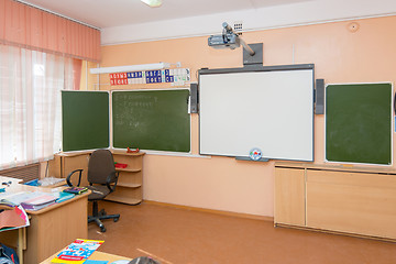 Image showing Interior class at school board and teacher\'s desk